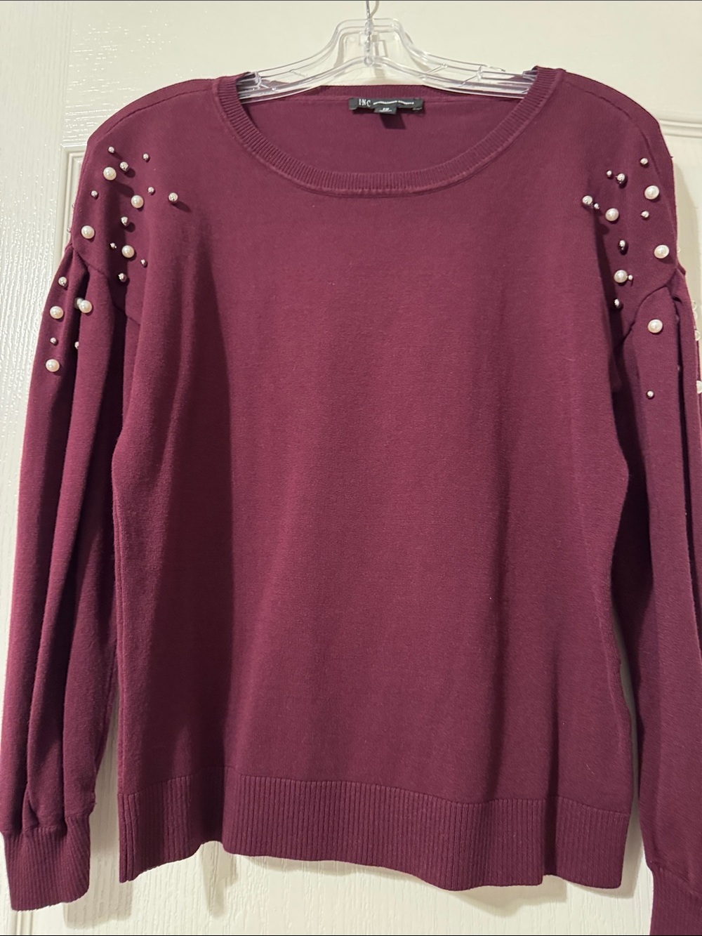 INC International Concepts Bold Pearl-Embellished Crewneck Sweater - Plum 0095